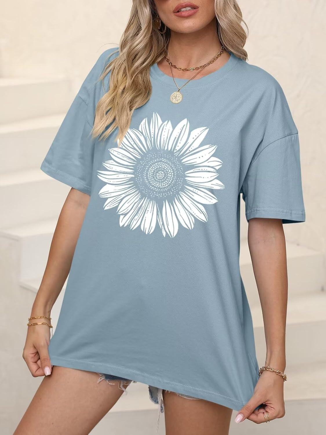 Women’S Oversized Graphic Print Short Sleeve Tunic Tops Crew Neck Casual Drop Shoulder T Shirts