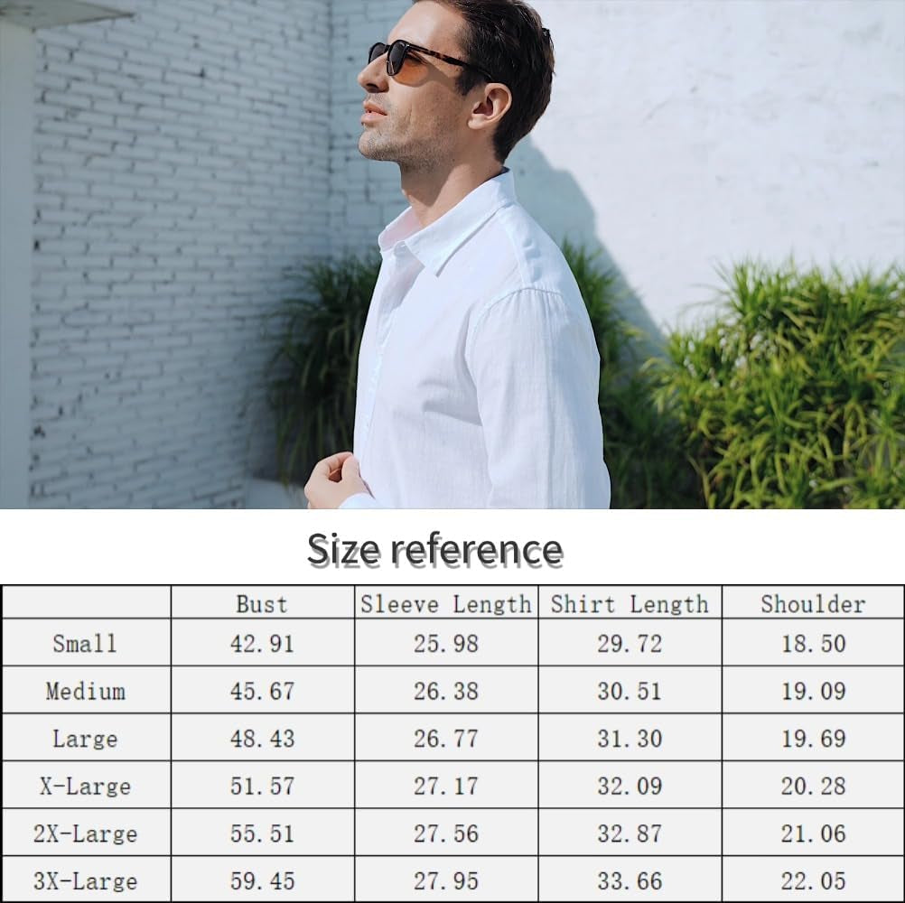 Mens Casual Long Sleeve Cotton Linen Shirts Buttons down Solid Plain Roll-Up Sleeve Summer Beach Shirts