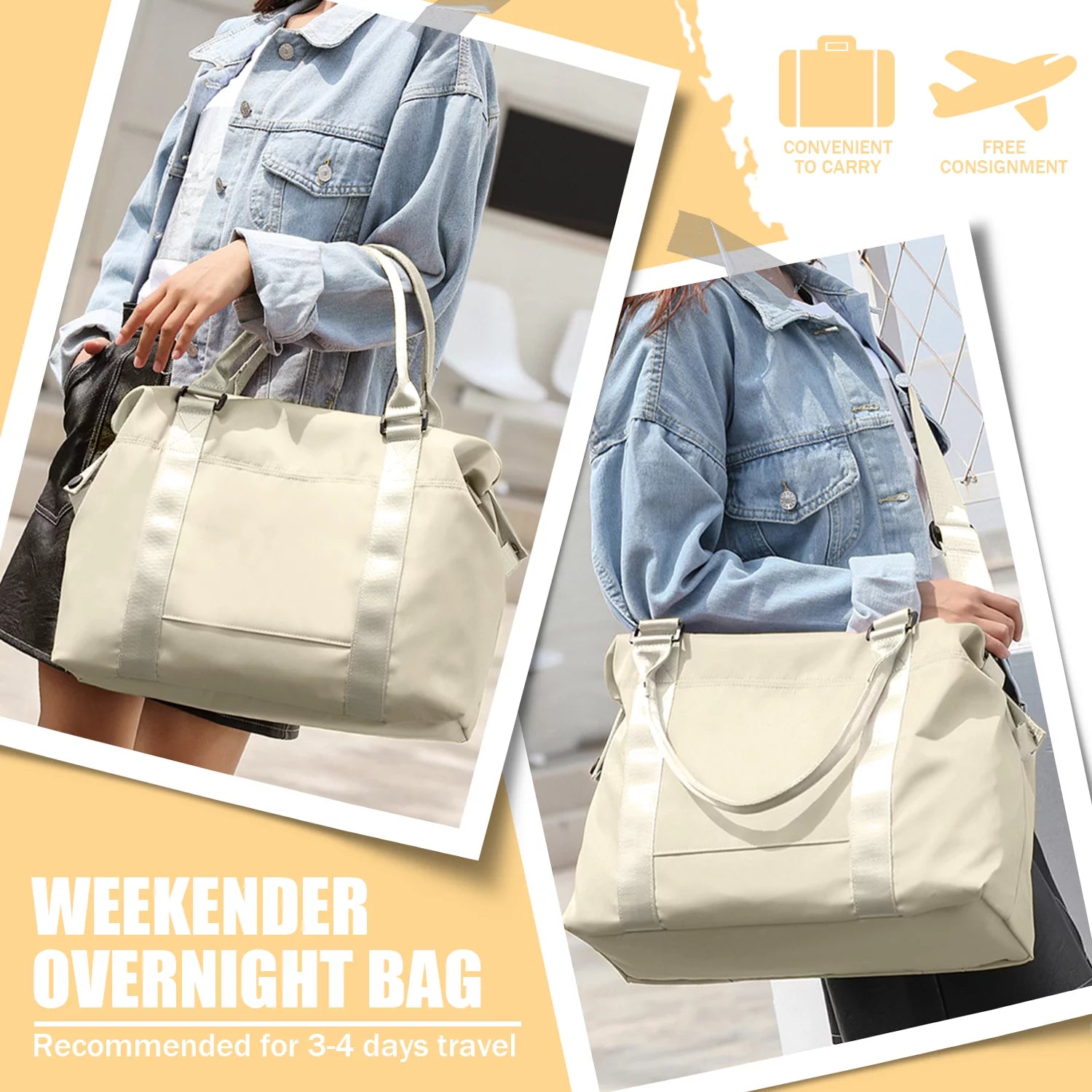 Weekenders Bags for Women, Travel Bag for Fashion, Carry on Gym Bag, Waterproof, Beige