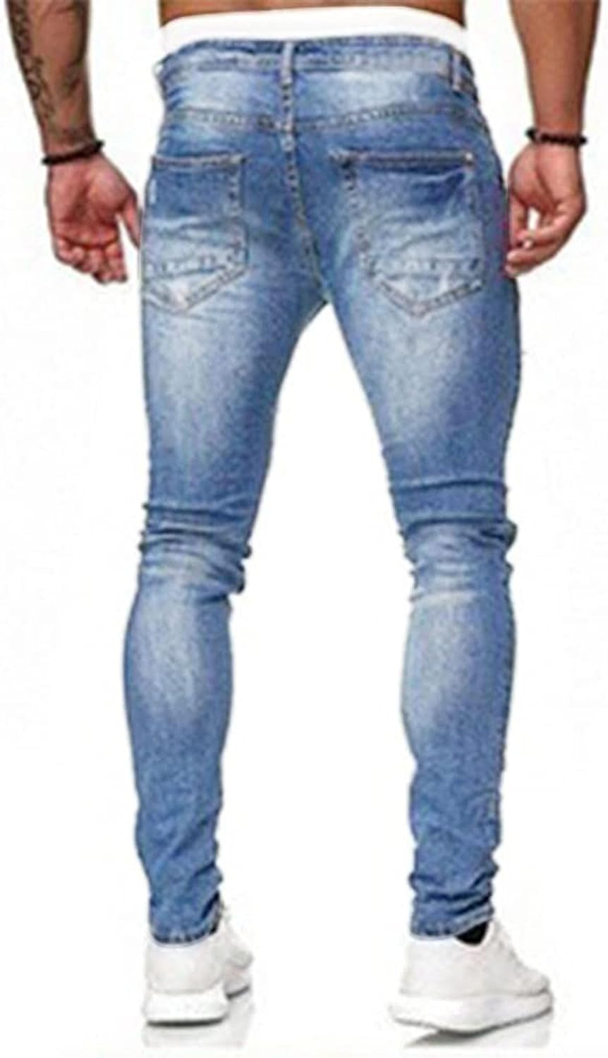 Men'S Blue Slim Fit Jeans Stretch Destroyed Ripped Skinny Jeans Side Striped Denim Pants