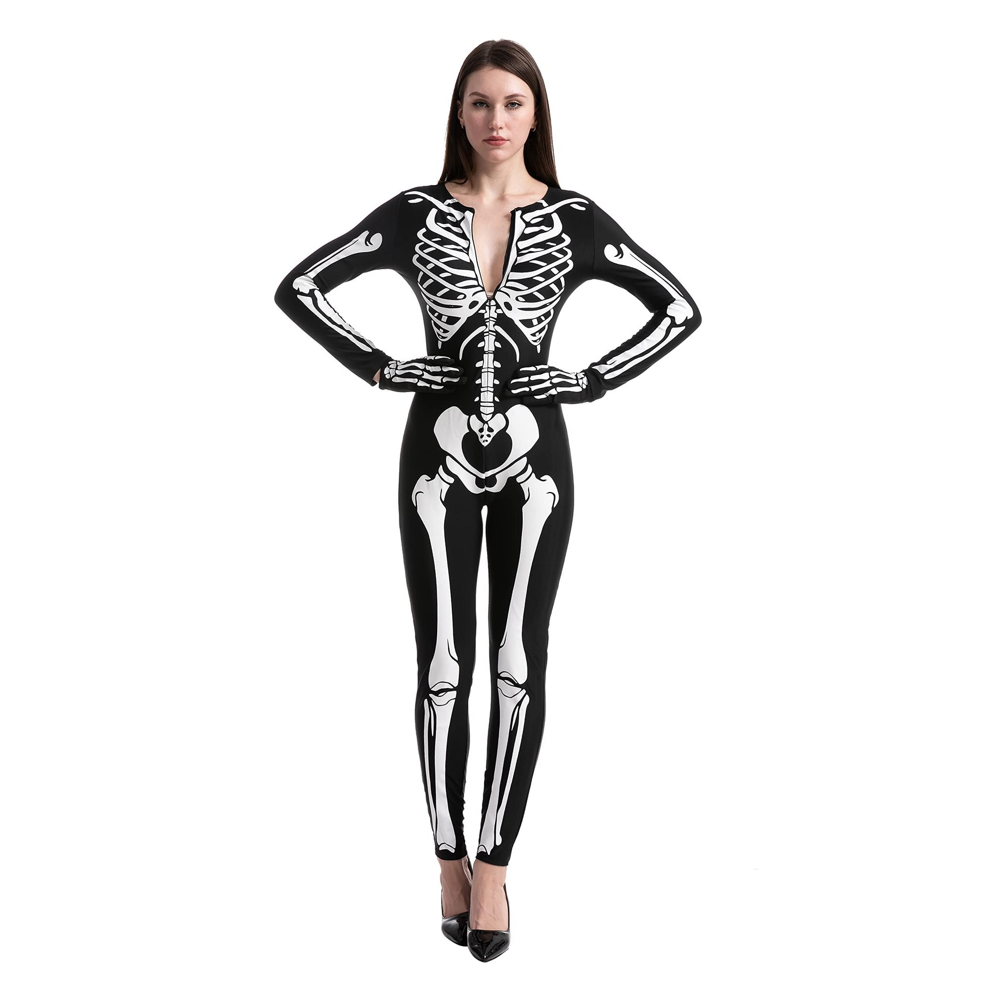 Glow in the Dark Skeleton Costume for Adults Women Halloween Dress up Party Role Playing Cosplay